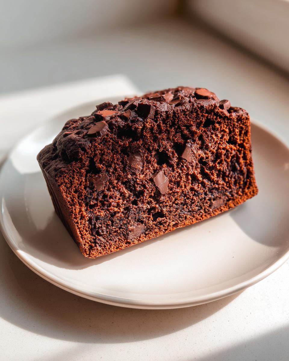 Close-up of a moist slice of dark chocolate bread studded with chocolate chips, resting on a white plate.