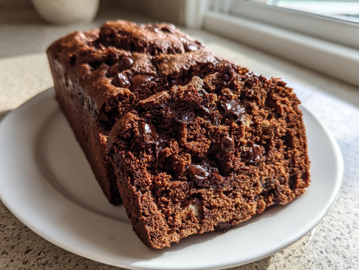 A sliced loaf of moist chocolate bread studded with melted chocolate chips sitting on a white plate.