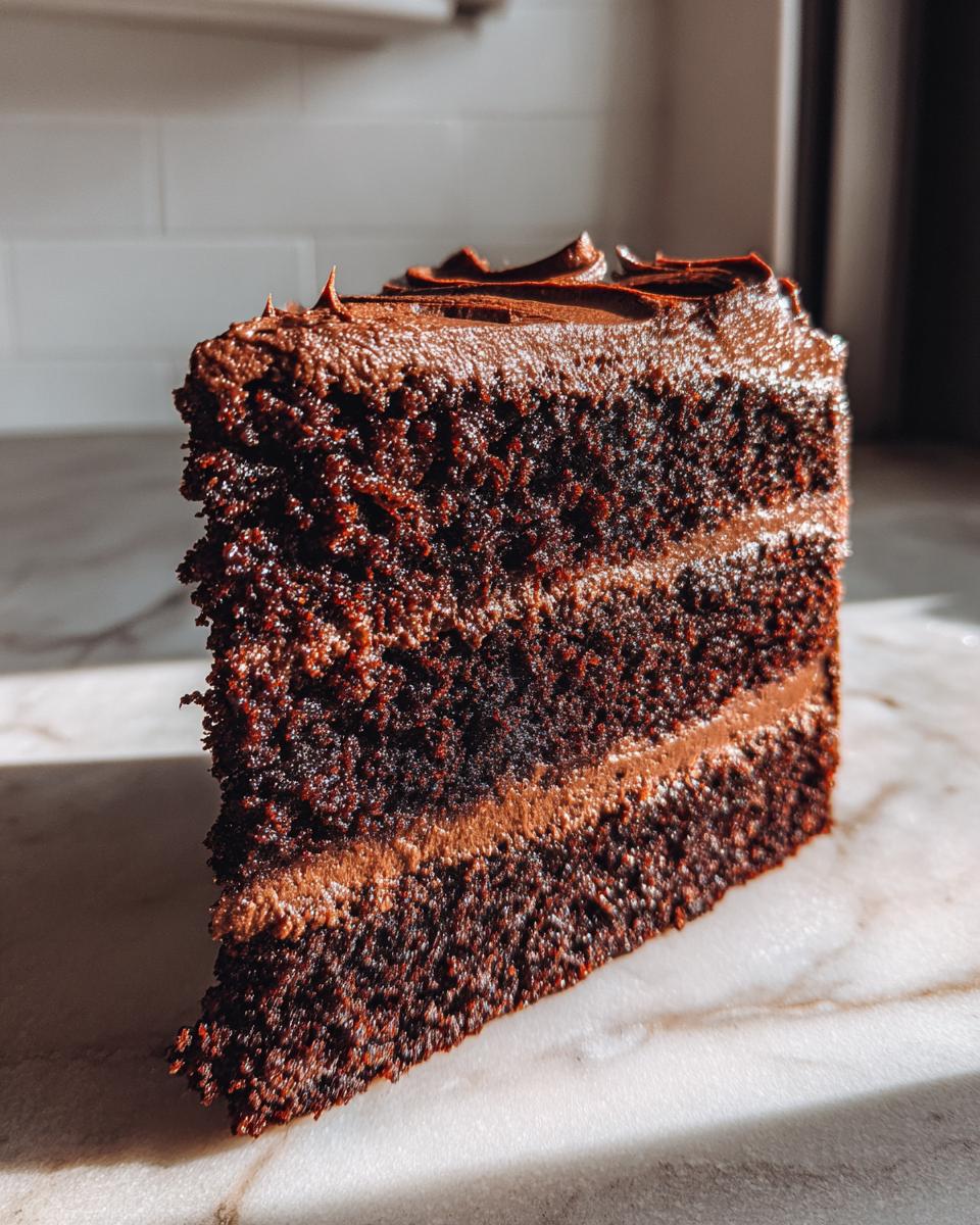 A tall, moist slice of three-layer chocolate cake with rich chocolate frosting between layers and on top.