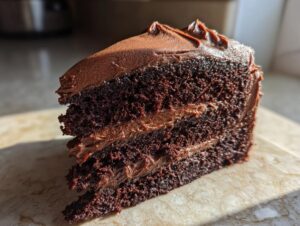 Close-up of a moist slice of dark chocolate cake layered with rich chocolate frosting, highlighting the texture of the chocolate cake.