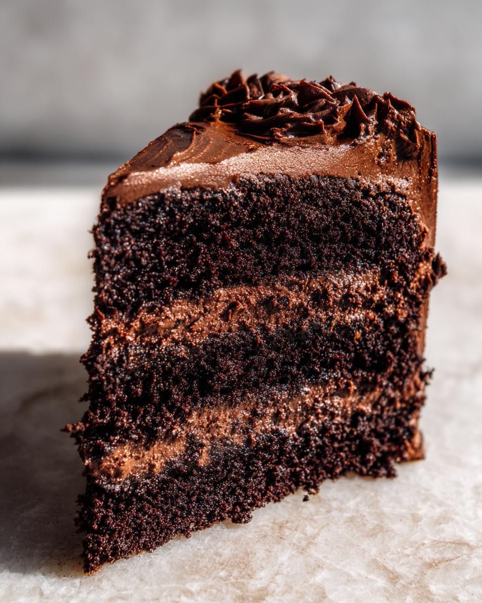 Close-up of a multi-layered slice of moist chocolate cake with dark chocolate frosting.