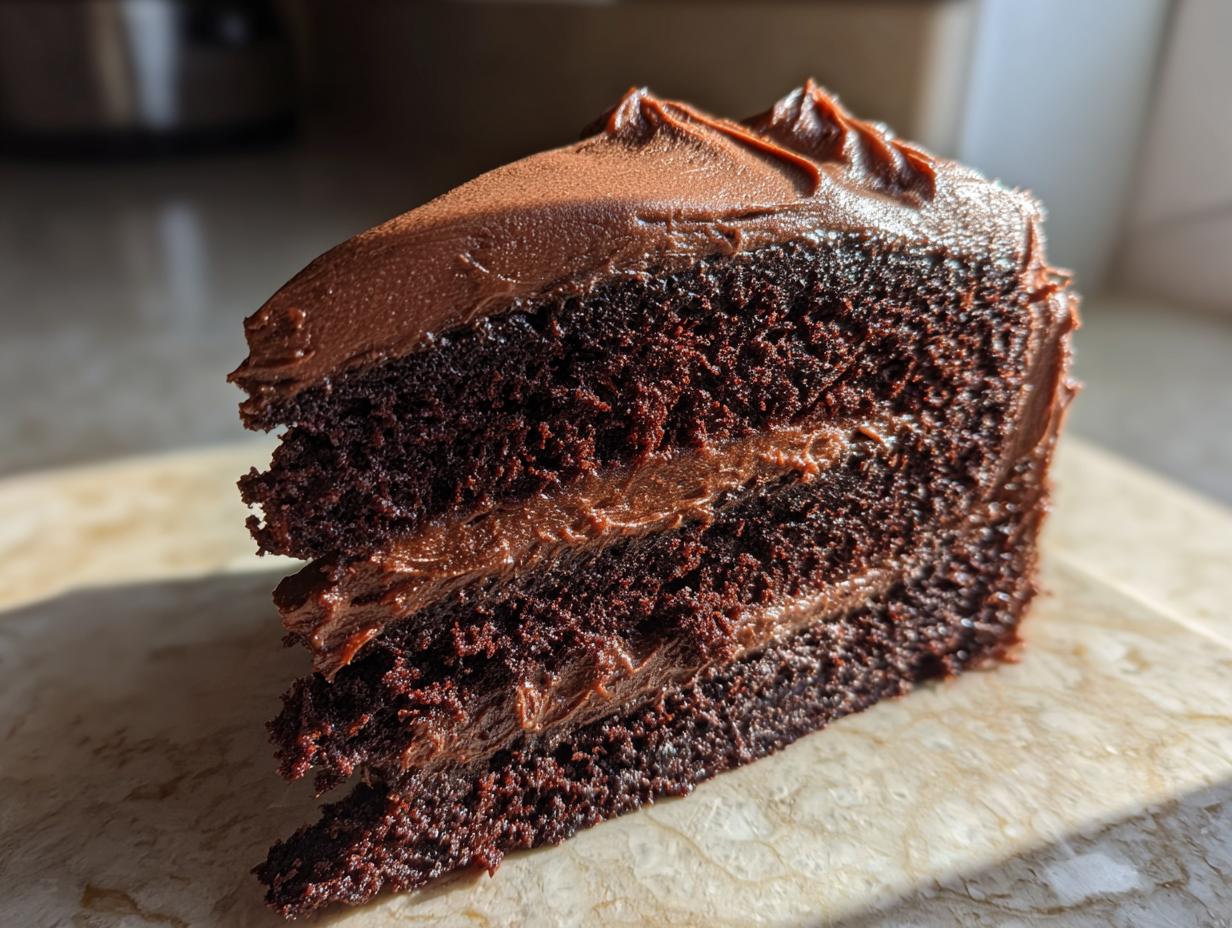 Close-up of a moist slice of dark chocolate cake layered with rich chocolate frosting, highlighting the texture of the chocolate cake.