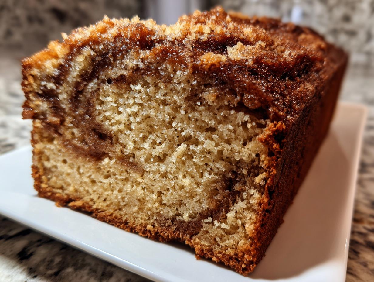 Close-up of a slice of moist cinnamon bread showing a rich swirl and sugary cinnamon streusel topping.