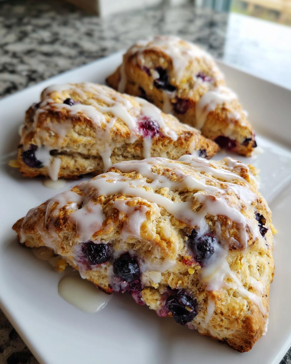 Three freshly baked, flaky blueberry scones drizzled with white glaze, served on a white rectangular plate.