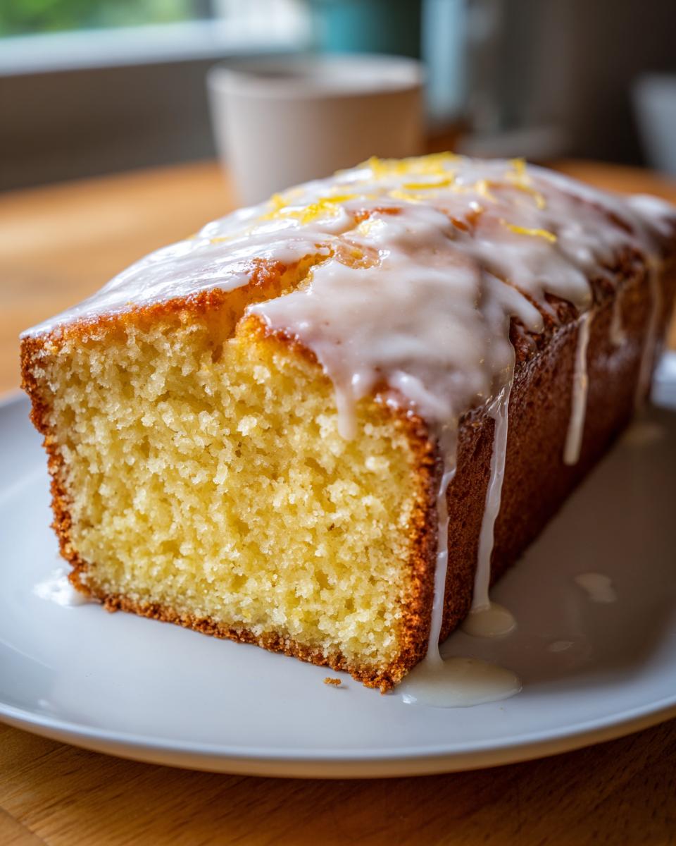 A close-up of a moist lemon loaf cake, sliced to show the texture, topped with thick white glaze and zest.