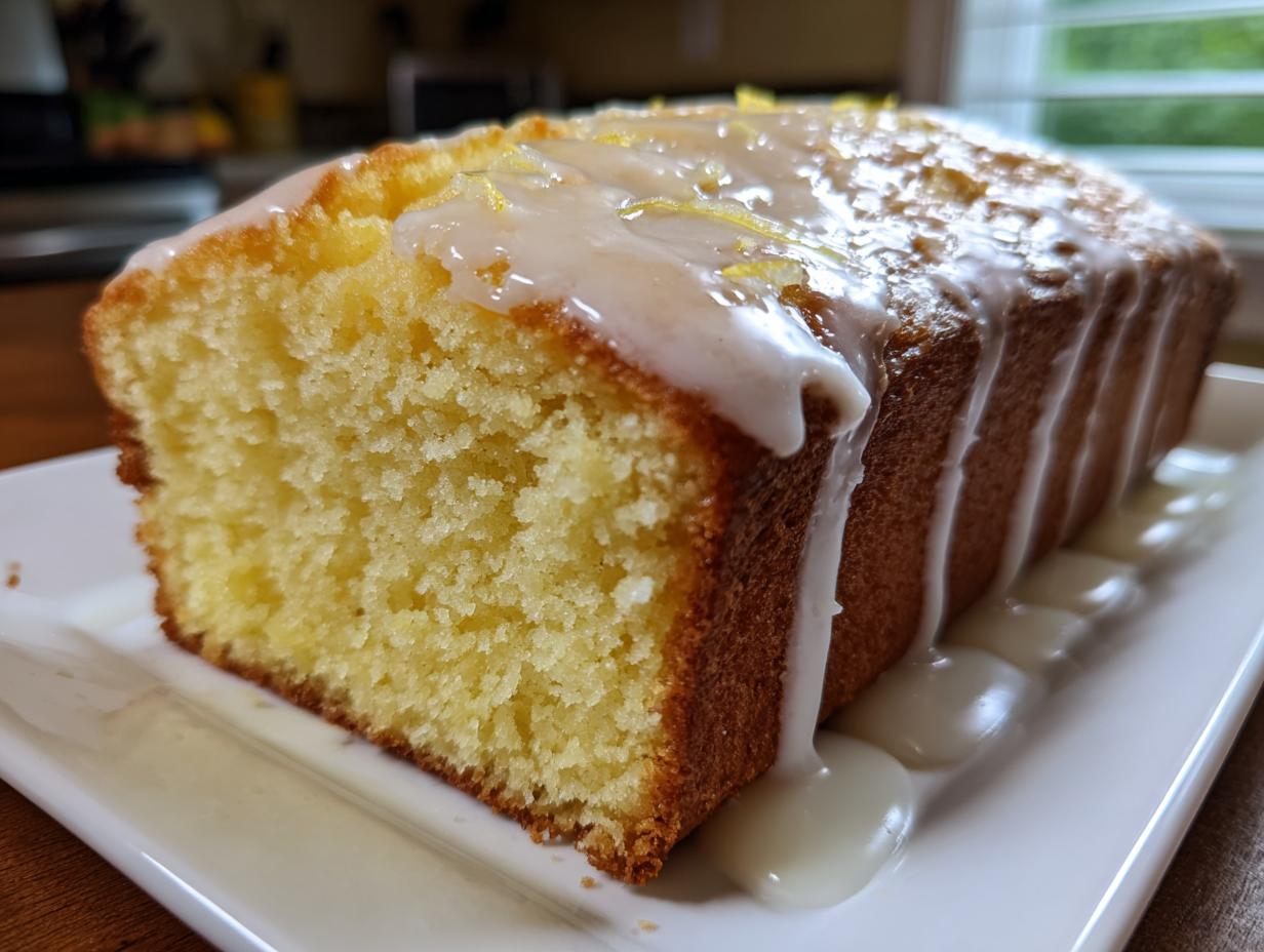 A close-up of a moist lemon loaf cake, sliced to show the crumb, topped with a thick white lemon glaze.