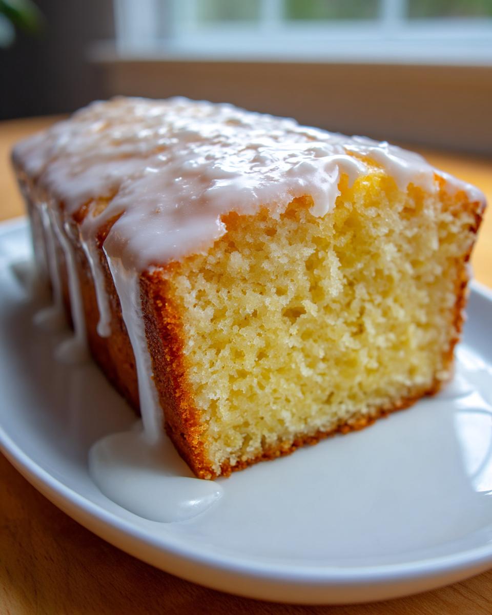 Close-up of a moist lemon loaf cake slice topped with thick white lemon icing dripping down the side.