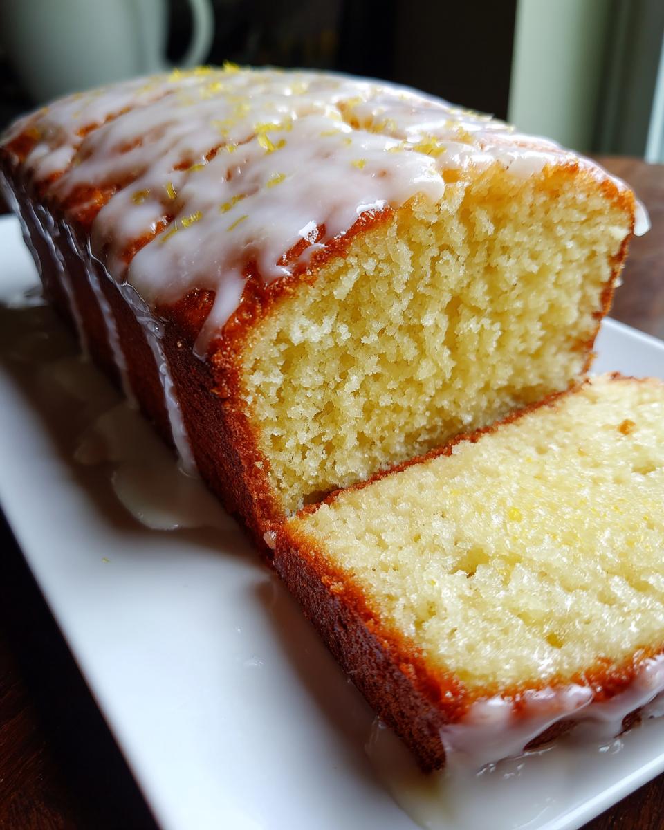 Close-up of a moist lemon loaf cake, sliced, showing the crumb texture and thick lemon glaze drizzled on top.