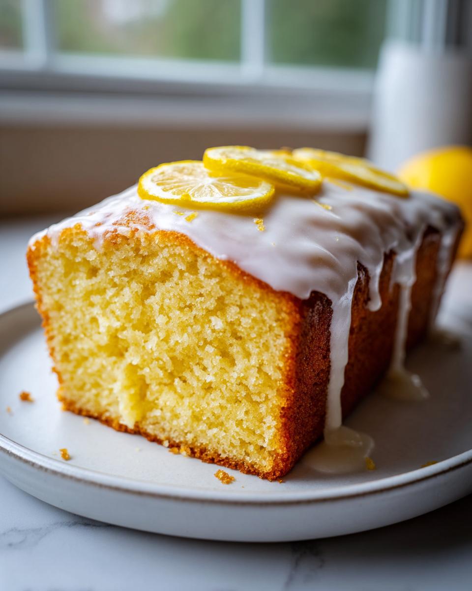 Close-up of a moist lemon loaf cake slice topped with white glaze icing and thin lemon slices.