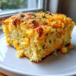 A close-up of a moist slice of Mexican cornbread loaded with yellow corn kernels and topped with melted cheese and herbs.