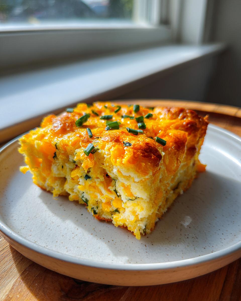A square slice of moist Mexican cornbread, rich with cheese and topped with fresh chives.