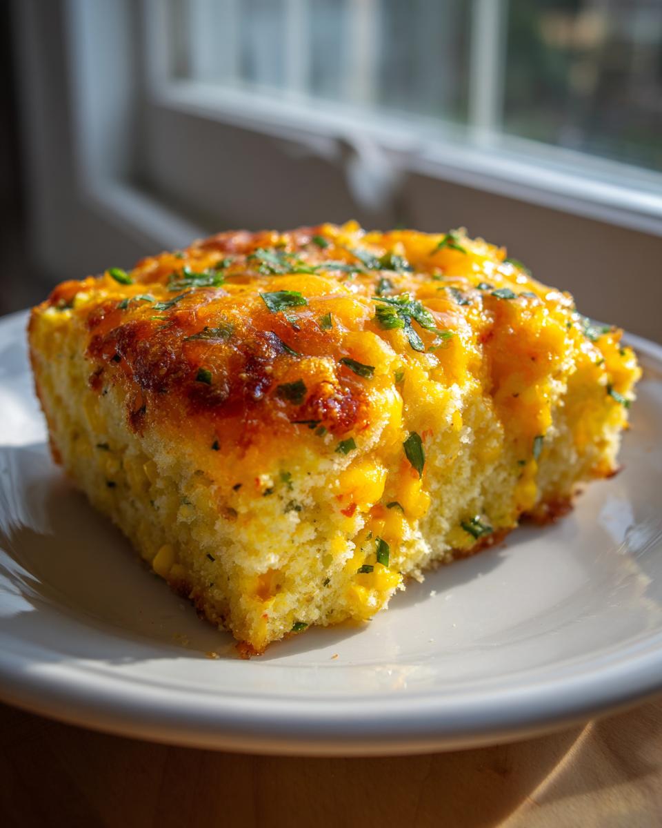 A close-up of a moist slice of Mexican cornbread topped with melted cheddar cheese and fresh parsley.