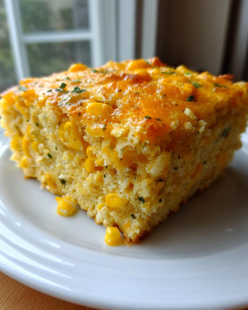 Close-up of a moist slice of Mexican cornbread studded with corn kernels and topped with melted cheddar cheese.