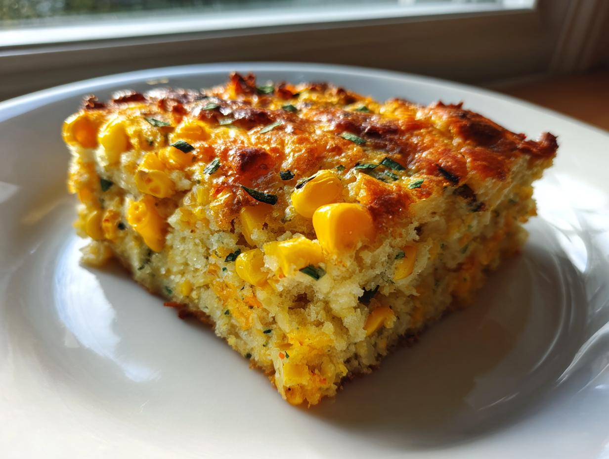 A close-up of a moist slice of Mexican cornbread, studded with whole corn kernels and topped with a golden, slightly browned crust.