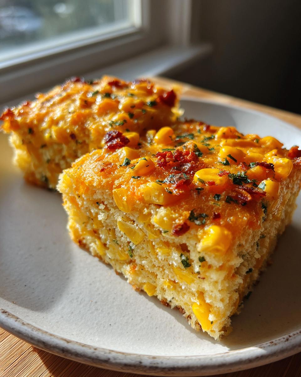 Two moist slices of Mexican cornbread loaded with corn kernels and topped with melted cheese and herbs.
