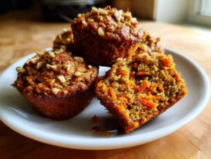 Close-up of moist morning glory muffins, one cut open showing shredded carrots inside, topped with chopped nuts.