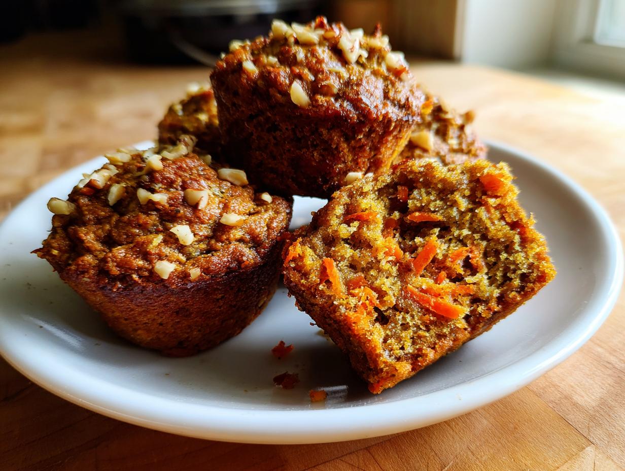 Close-up of moist morning glory muffins, one cut open showing shredded carrots inside, topped with chopped nuts.