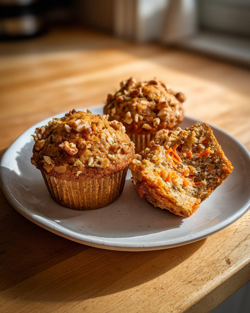 Three moist morning glory muffins on a white plate, one broken open to show shredded carrots inside.