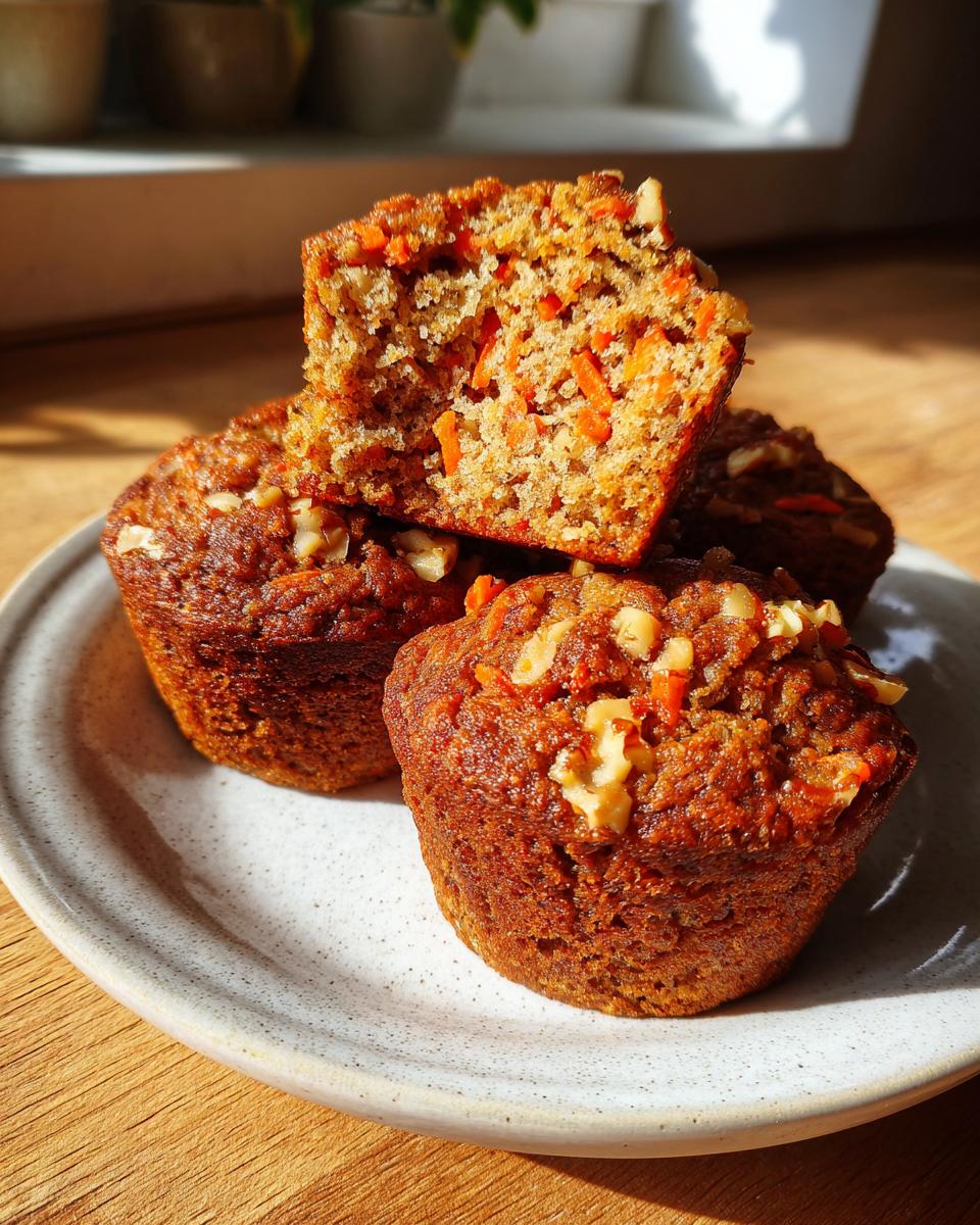 A stack of moist morning glory muffins topped with walnuts, one cut open to show the shredded carrot texture inside.