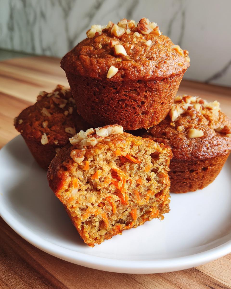 Close-up of moist morning glory muffins, one cut open showing shredded carrots, topped with chopped walnuts.