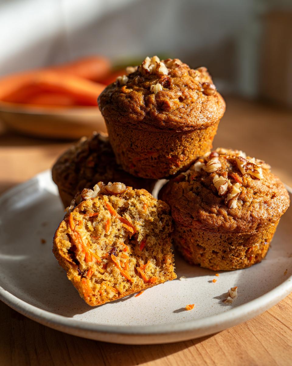 A stack of moist morning glory muffins, one cut in half showing shredded carrots inside, topped with walnuts.