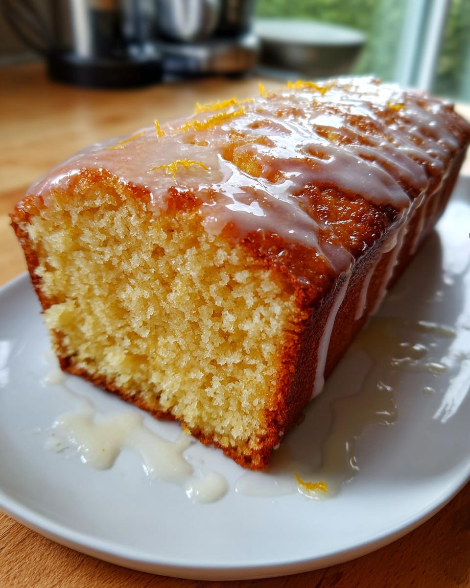 A close-up of a slice of moist orange juice cake topped with a thick white glaze and orange zest.