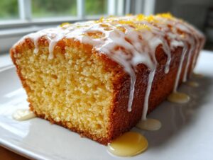 A close-up of a moist orange juice cake loaf, drizzled with white icing and topped with orange zest.