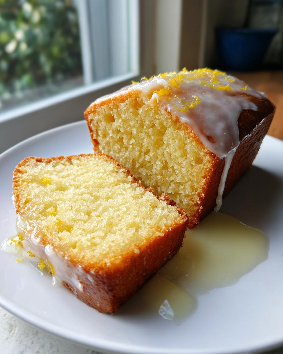 Close-up of a moist orange juice cake loaf, sliced, topped with white glaze and orange zest.