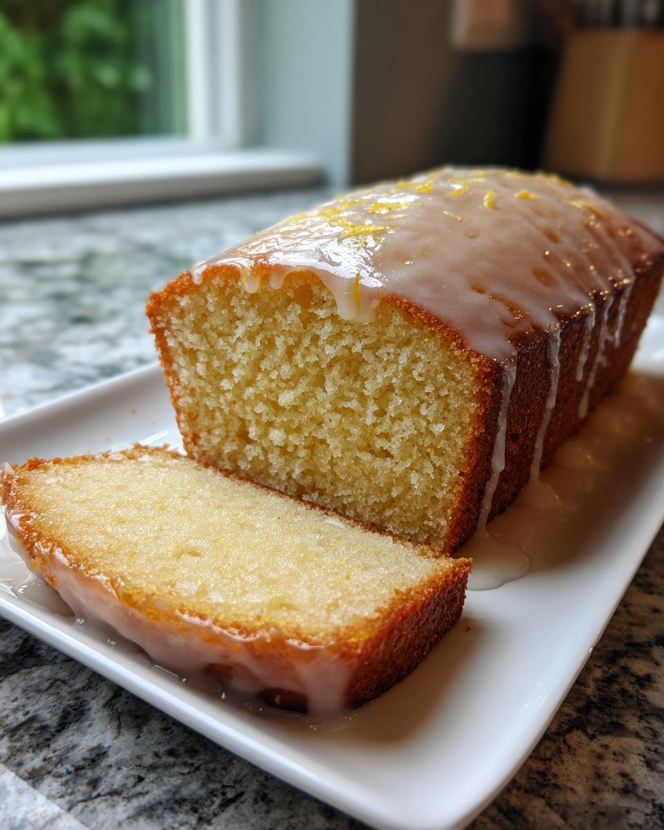 A slice cut from a moist orange juice cake loaf, topped with a thick citrus glaze and zest.