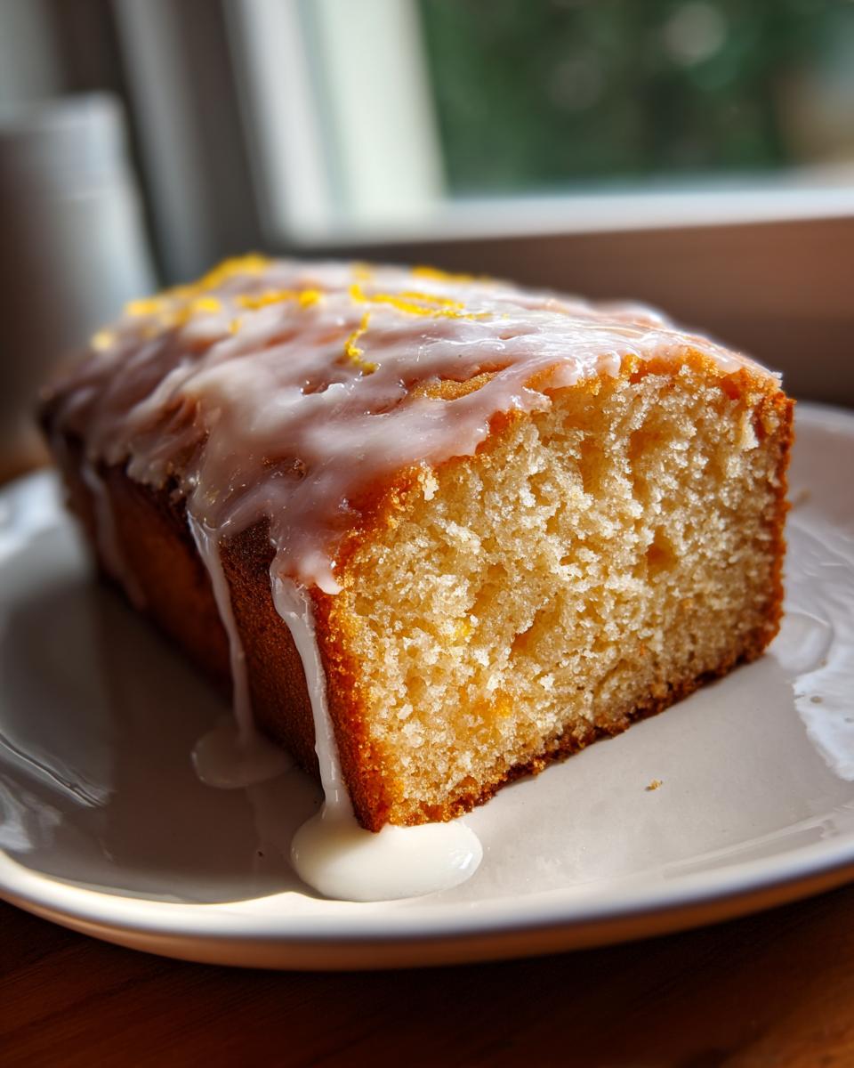 Close-up of a slice of moist orange juice cake topped with white glaze and orange zest.