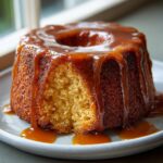 Close-up of a moist rum cake with a slice removed, generously covered in dripping caramel sauce.