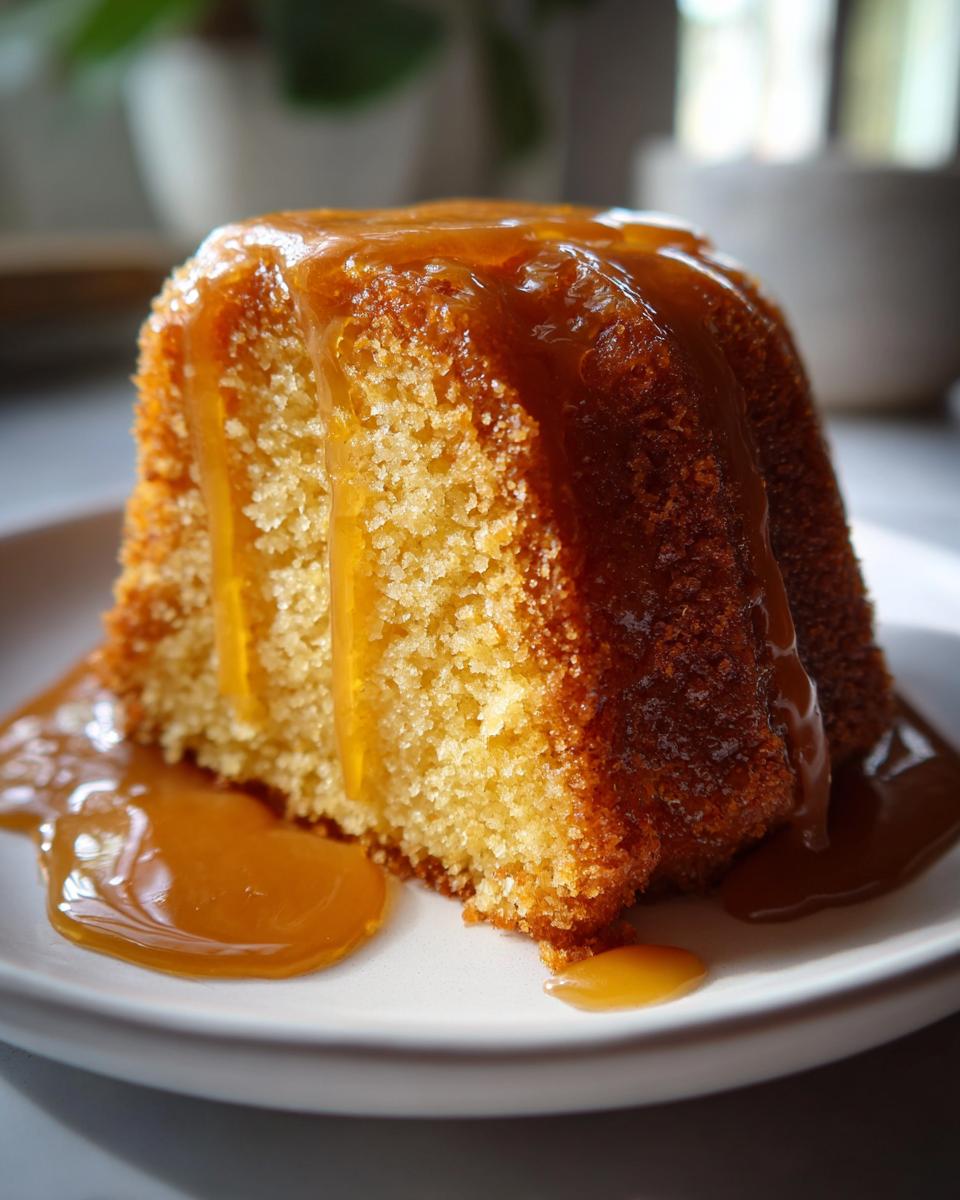 Close-up of a moist slice of rum cake recipe topped generously with dripping caramel sauce on a white plate.