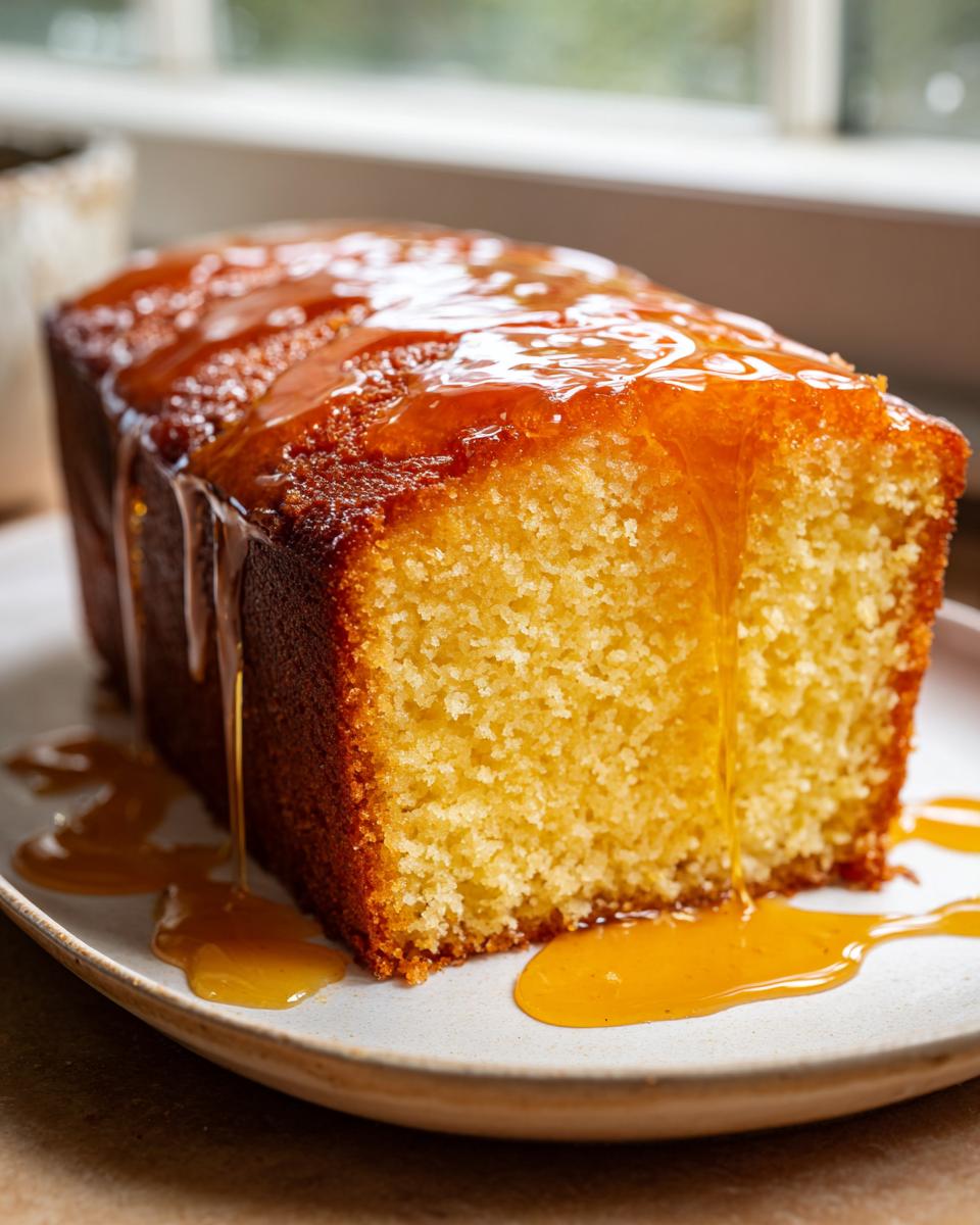 Close-up of a moist loaf cake being generously drizzled with a golden syrup glaze, perfect for a rum cake recipe.