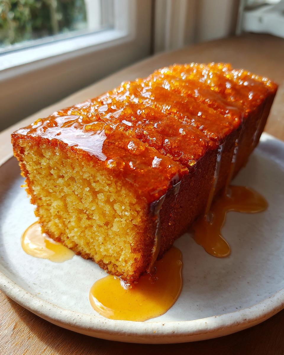 A moist loaf of rum cake, heavily drizzled with a shiny, amber glaze, sitting on a plate.
