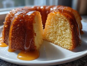 Close-up of a moist, golden slice cut from a bundt rum cake, heavily drizzled with a shiny, amber glaze.