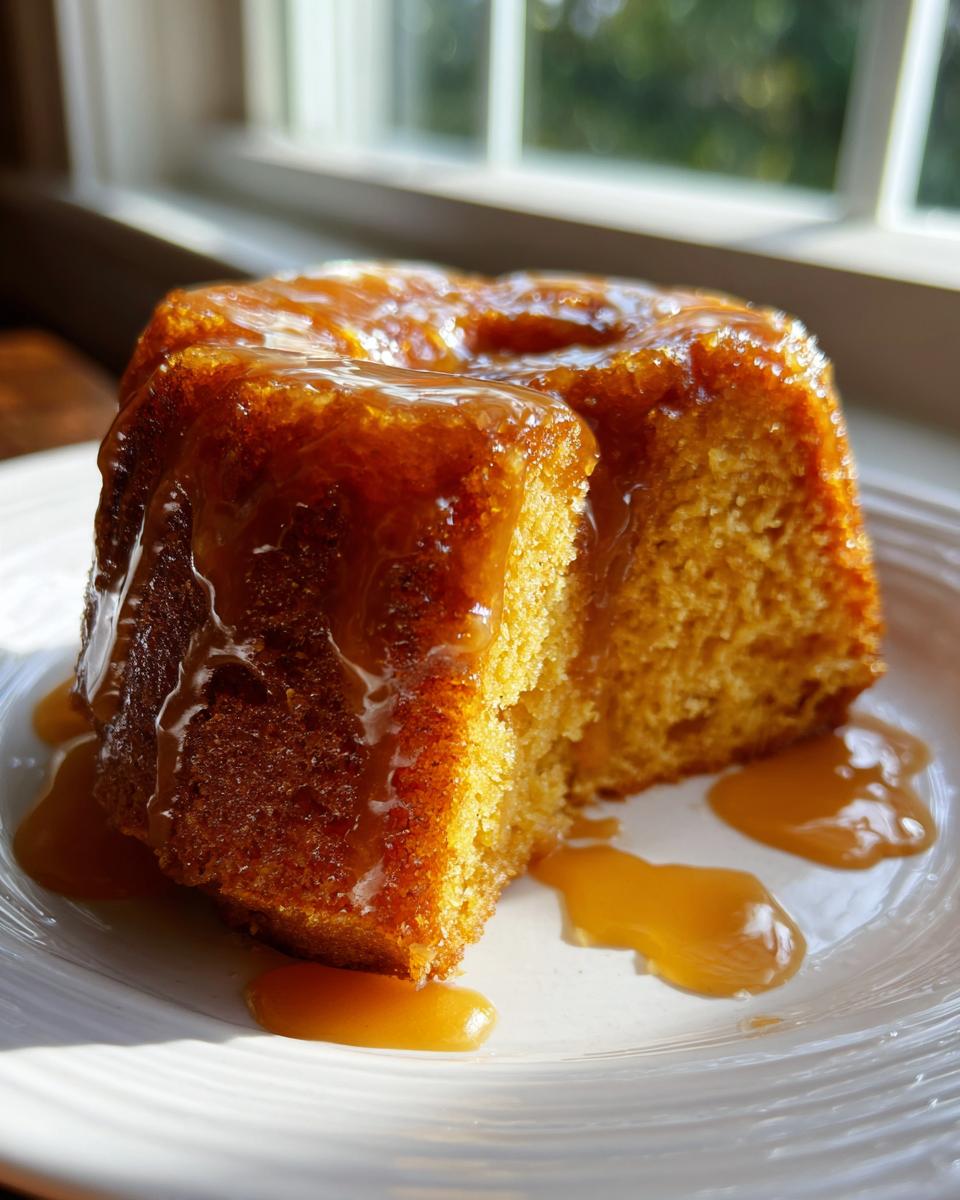 A moist slice of rum cake recipe topped with a thick, glossy caramel glaze, served on a white plate.