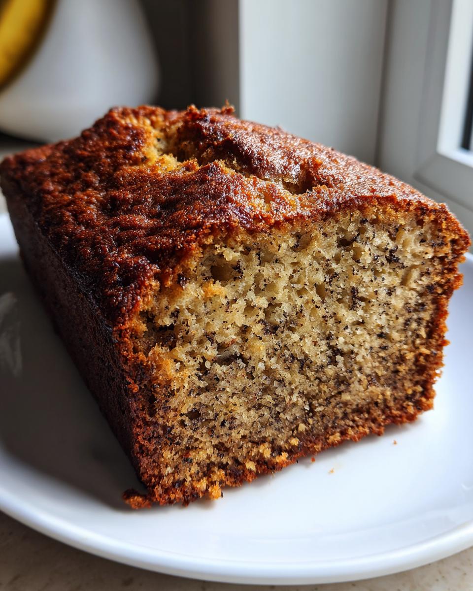 Close-up of a moist slice of the best banana bread showing a dark, caramelized crust and speckled interior.
