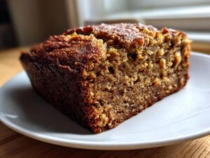 Close-up of a moist slice of the best banana bread showing its dark, caramelized crust and tender crumb.