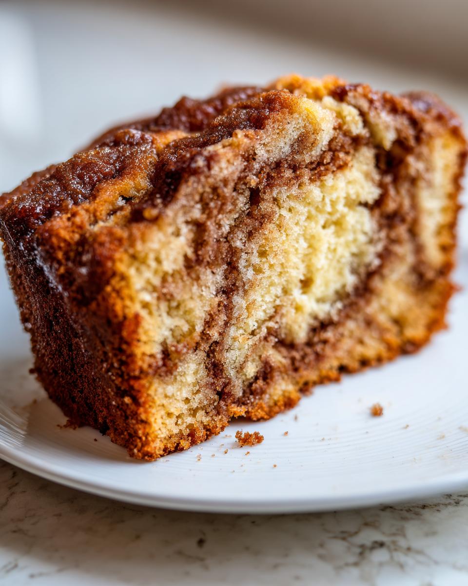 Close-up of a thick slice of moist cinnamon bread showing rich brown swirls inside the light crumb.
