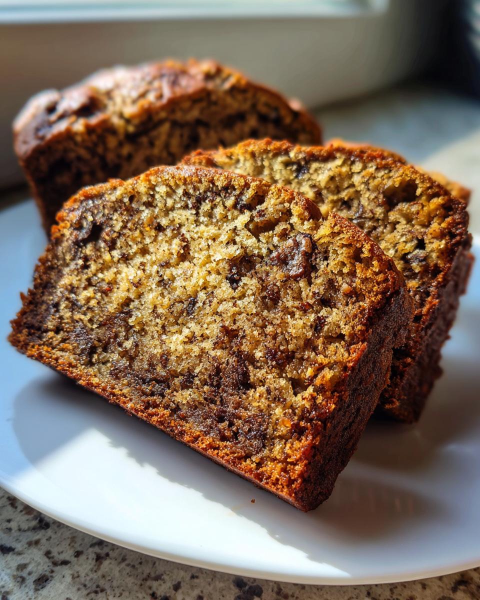 Close-up of three moist slices of the best banana bread piled on a white plate, showing rich brown color and chocolate chunks.