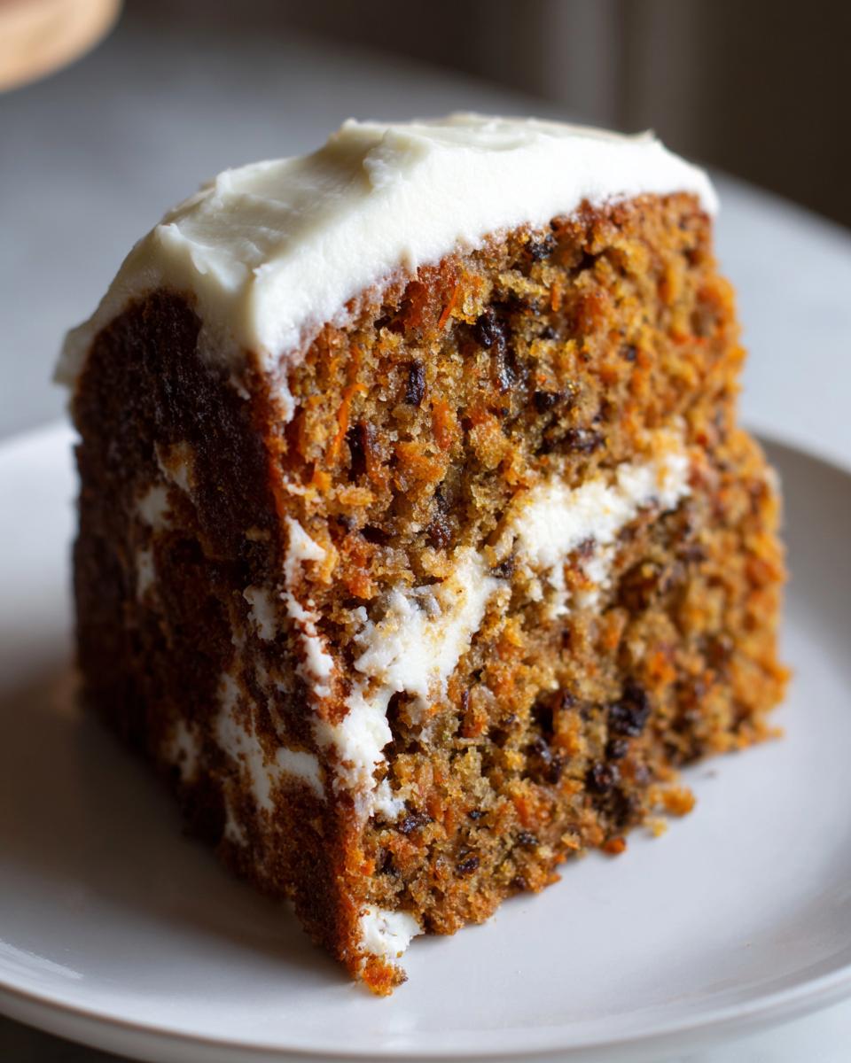 Close-up of a moist slice of spice cake, likely carrot cake, layered with thick cream cheese frosting.