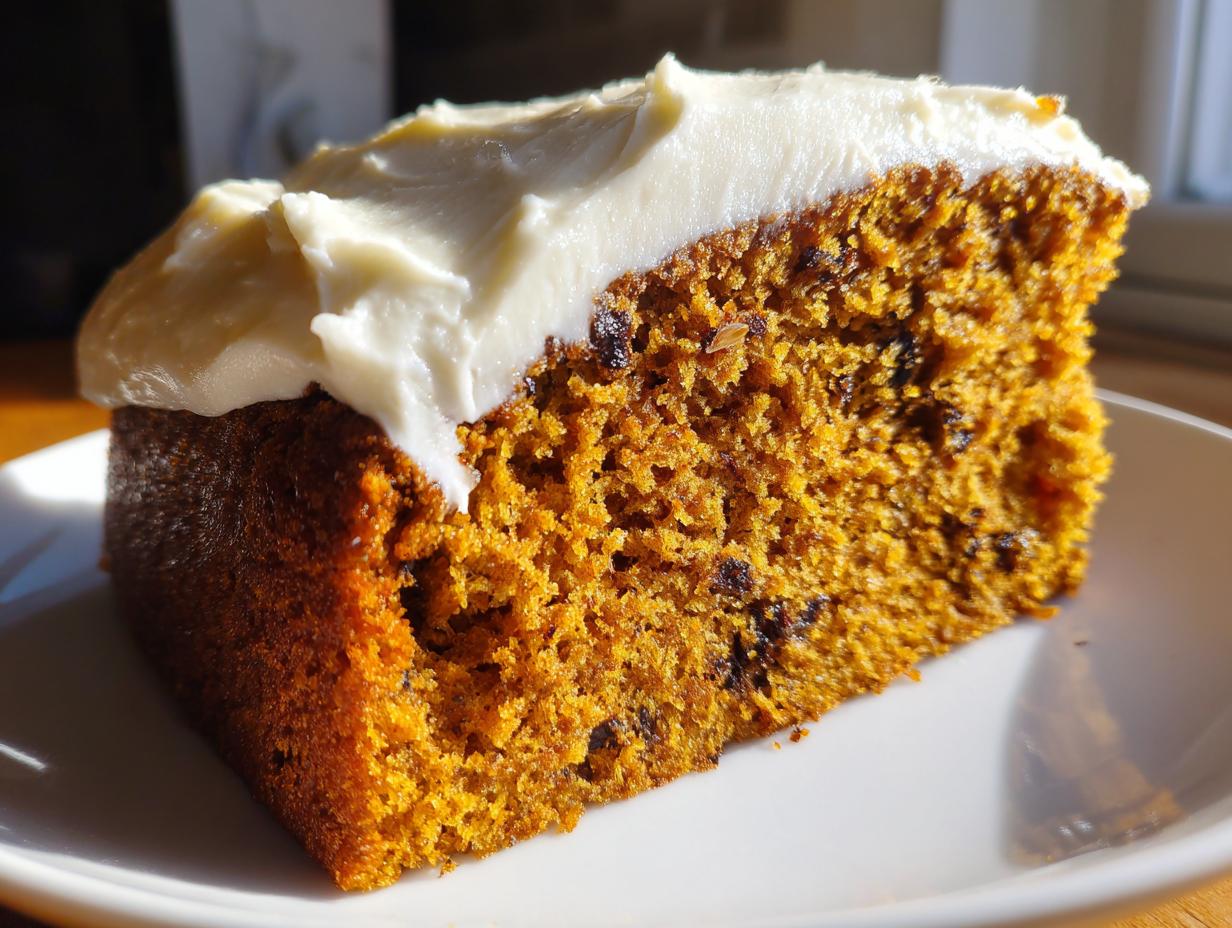 Close-up of a moist slice of orange-hued spice cake topped with thick, white cream cheese frosting.