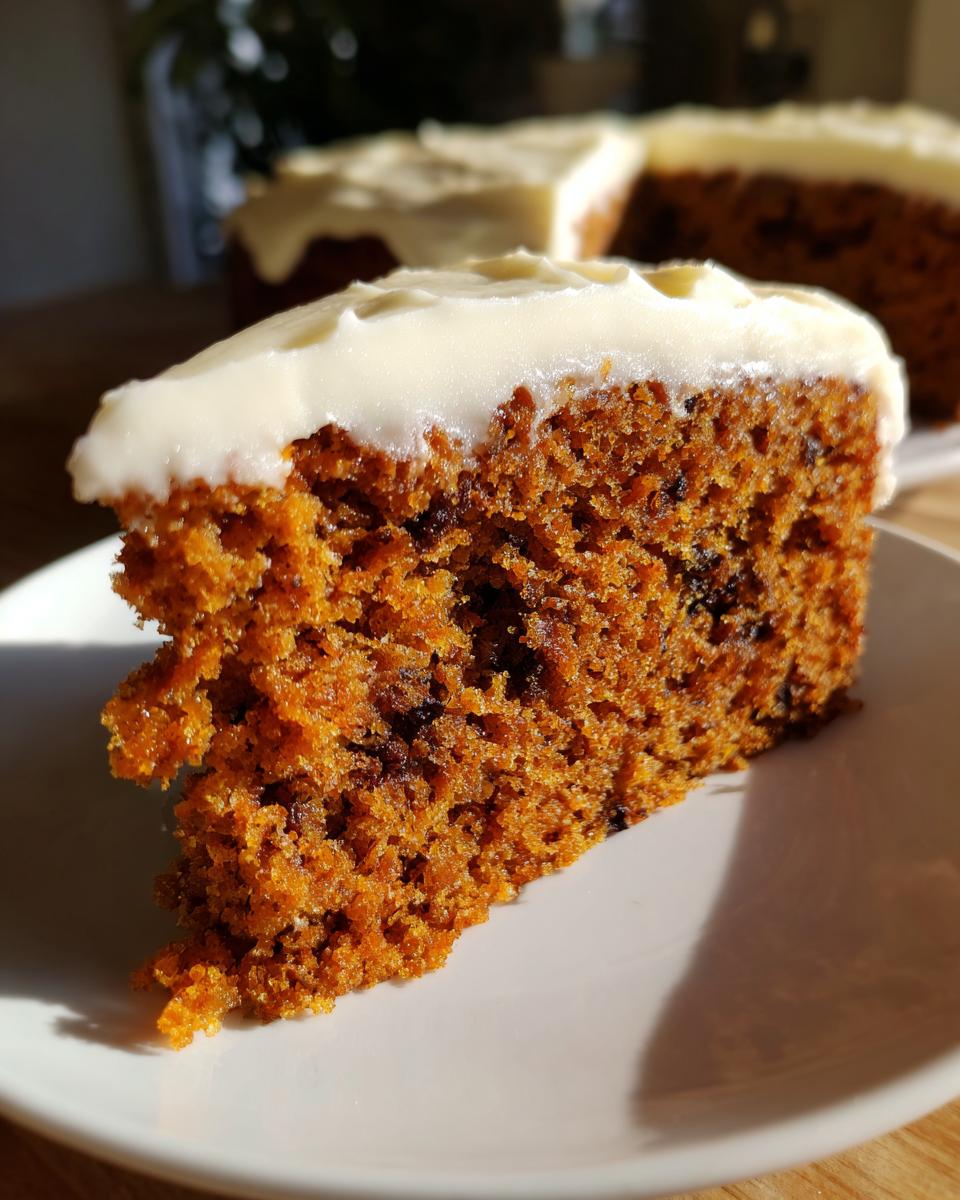 Close-up of a moist slice of orange-hued spice cake topped with thick white cream cheese frosting.