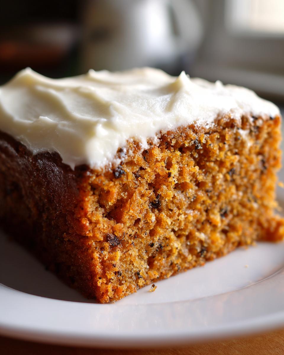 Close-up of a moist slice of spice cake topped with thick, white cream cheese frosting, showing rich texture.
