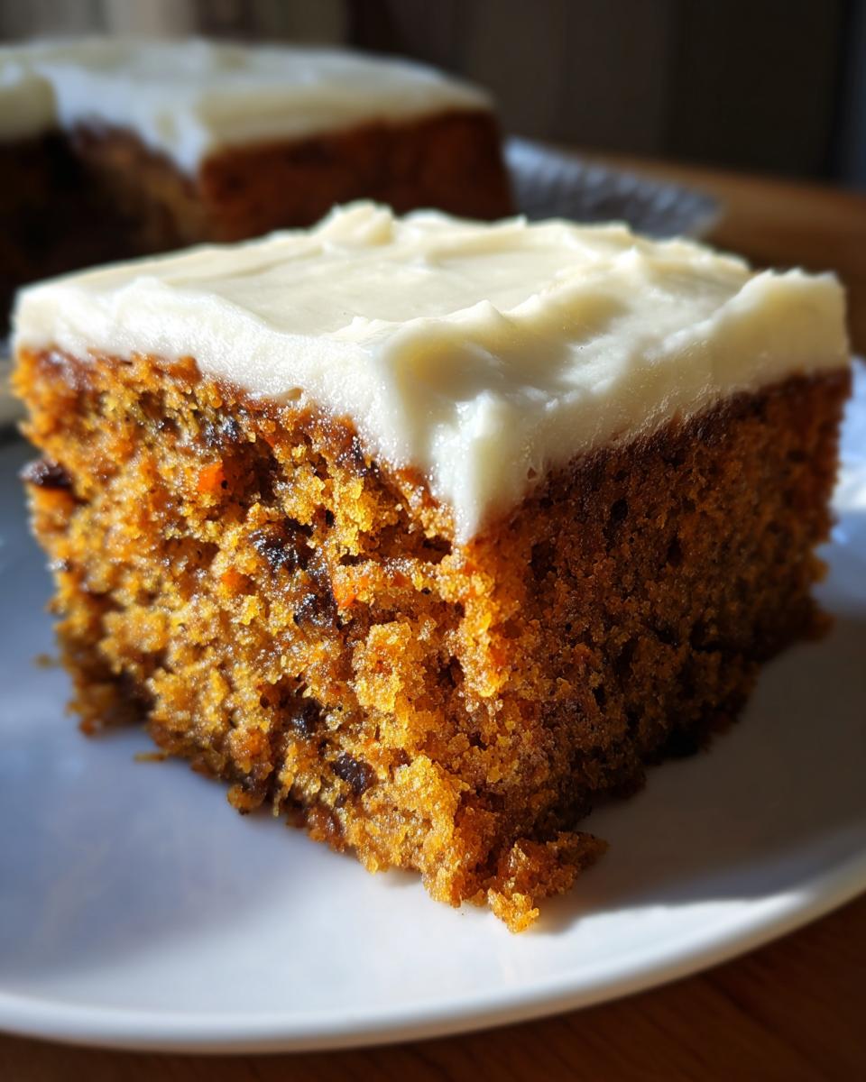 Close-up of a moist slice of carrot spice cake topped with thick white cream cheese frosting.