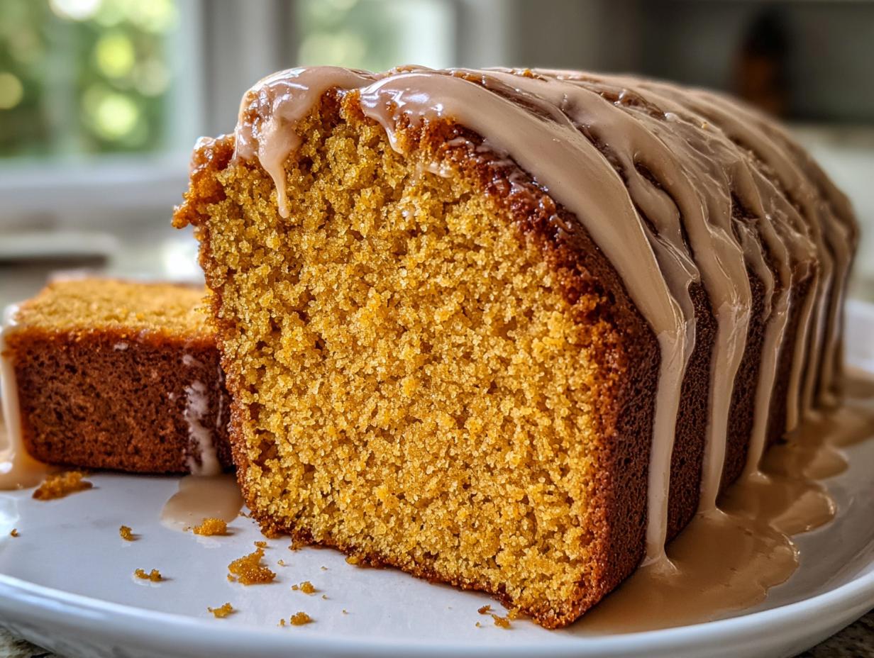 Close-up of a slice of moist sweet potato pound cake topped with a thick, dripping brown sugar glaze.