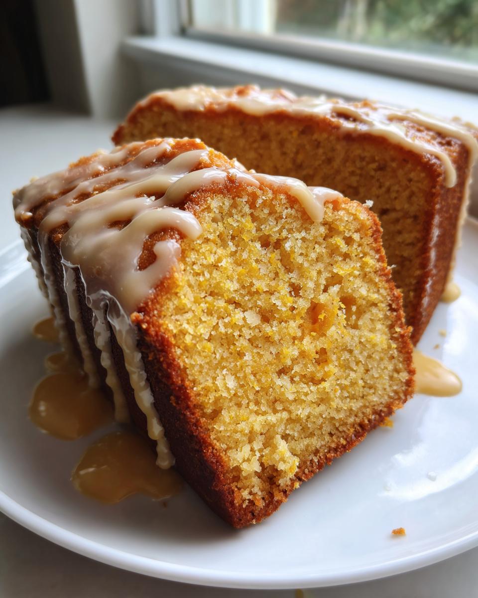 A close-up of a thick slice of moist sweet potato pound cake drizzled with a light brown glaze, sitting on a white plate.