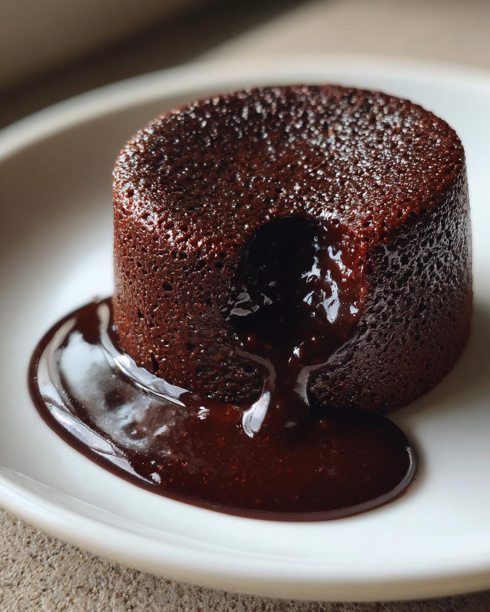 Close-up of a warm, molten chocolate pudding lava cake oozing rich chocolate sauce onto a white plate.