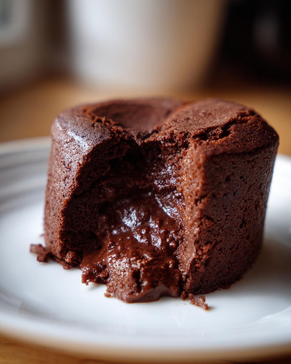 Close-up of a warm chocolate dessert with a bite taken out, revealing a gooey, molten chocolate pudding center.