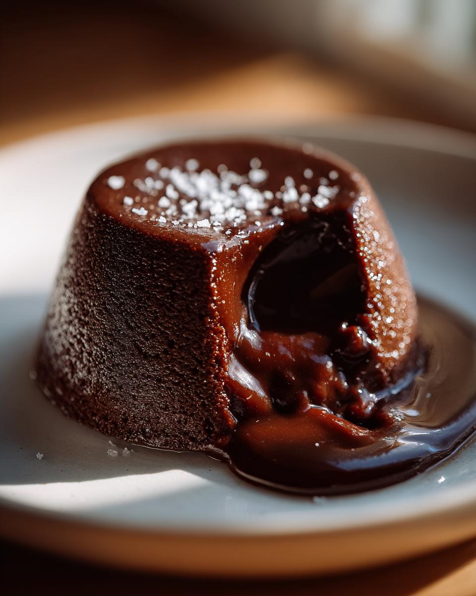 Close-up of a molten chocolate pudding lava cake oozing warm chocolate sauce, topped with flaky sea salt.